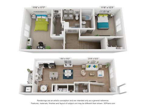 Floor plan for 2 beds, 2.5 baths, 1500 sqft